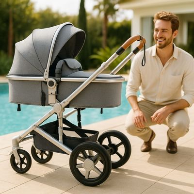 papa heureux de voir poussette vers piscine