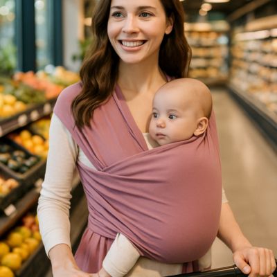 bébé yeux ouvert porté dans écharpe de portage elingue
