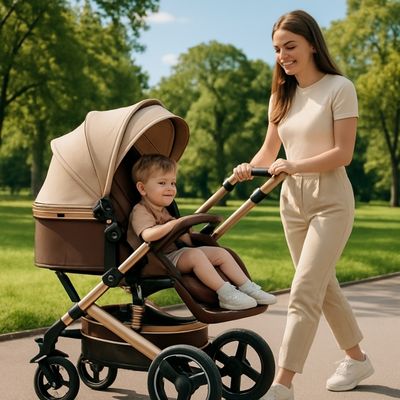 enfant dans poussette maman sourit