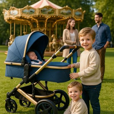 enfant près poussette bébé