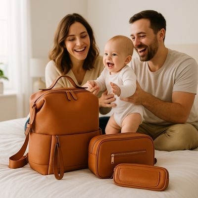 famille heureuse avec sac a langer pour sortir bébé