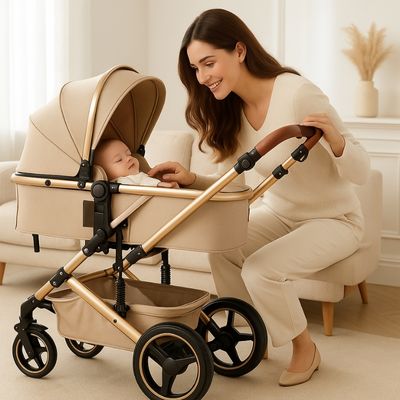 maman admire bébé endormi dans poussette