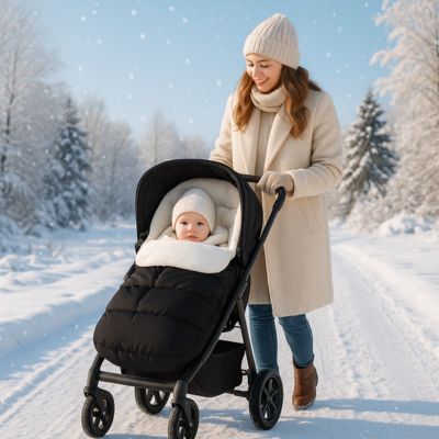 maman dans neige avec bébé poussette chancelière