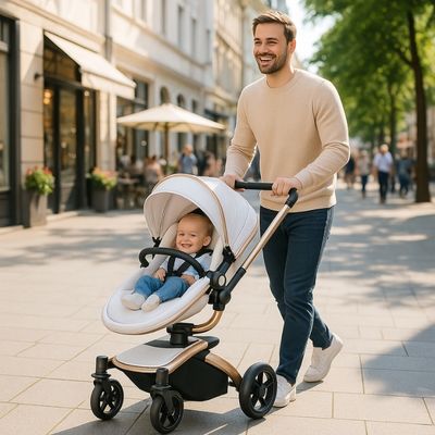 papa promène bébé dans sa poussette 3 en 1