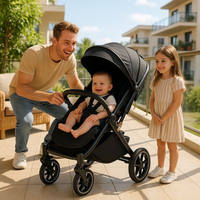 poussette compacte avec bebe papa rit