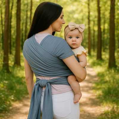 tantine dans bois avec bébé porte en écharpe